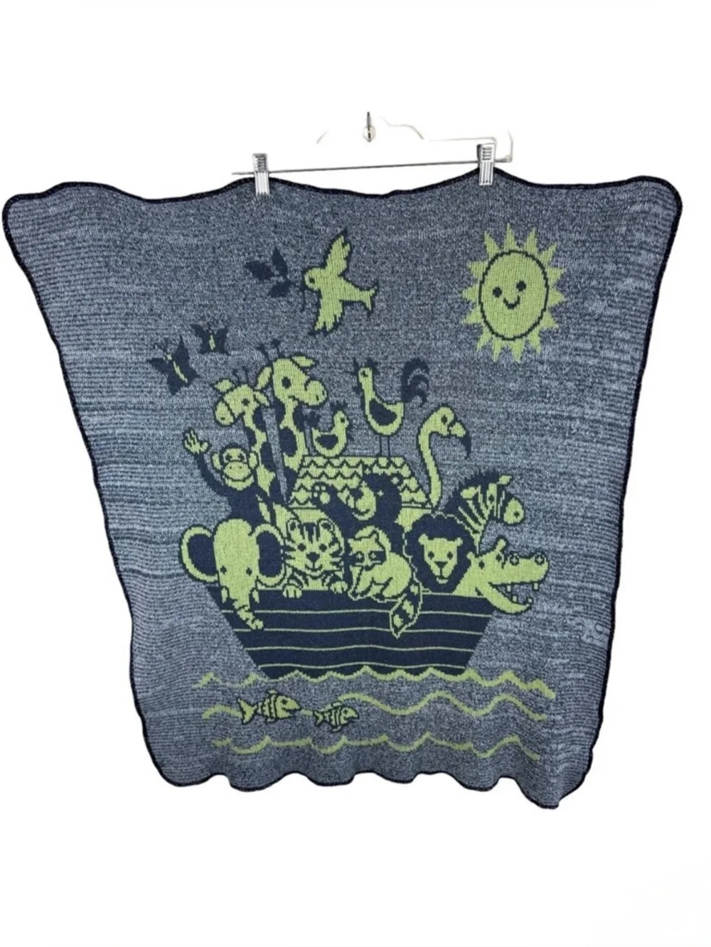 Vintage Noah's Ark Blue Green Tight Knit Square Baby Blanket Made‎ In USA